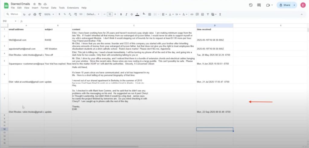Open the Google Sheet and check that a new row was created from the starred Gmail message.