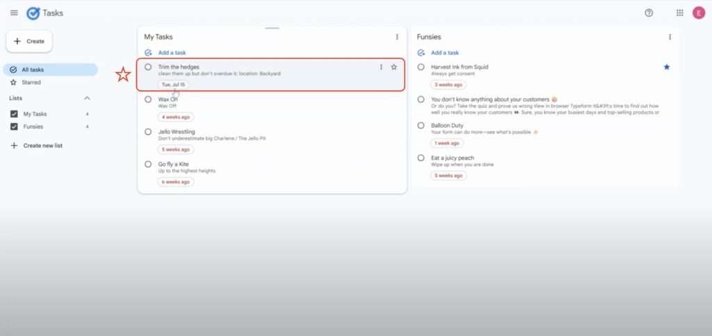 Google Tasks app view showing the new task “Trim the hedges” created from spreadsheet data.