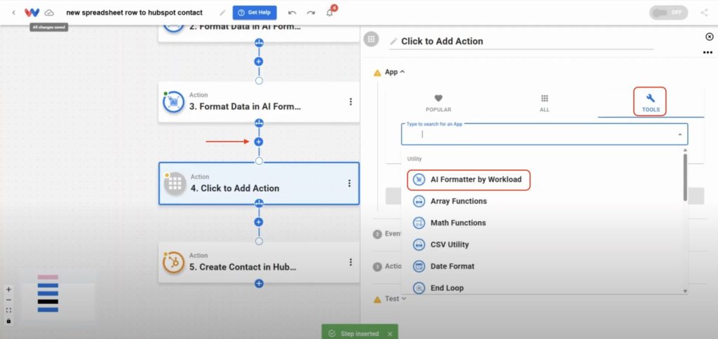 Setting up another AI Formatter step in the automation to handle phone number formatting.