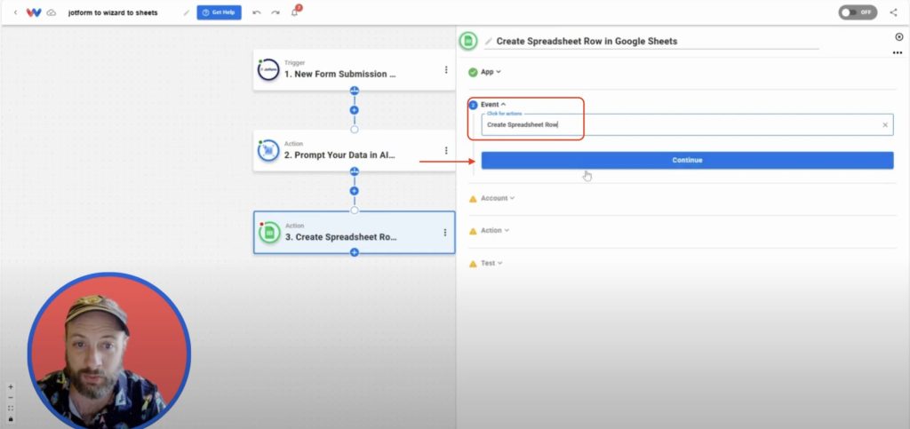 Choosing Create Spreadsheet Row as the Google Sheets action event.