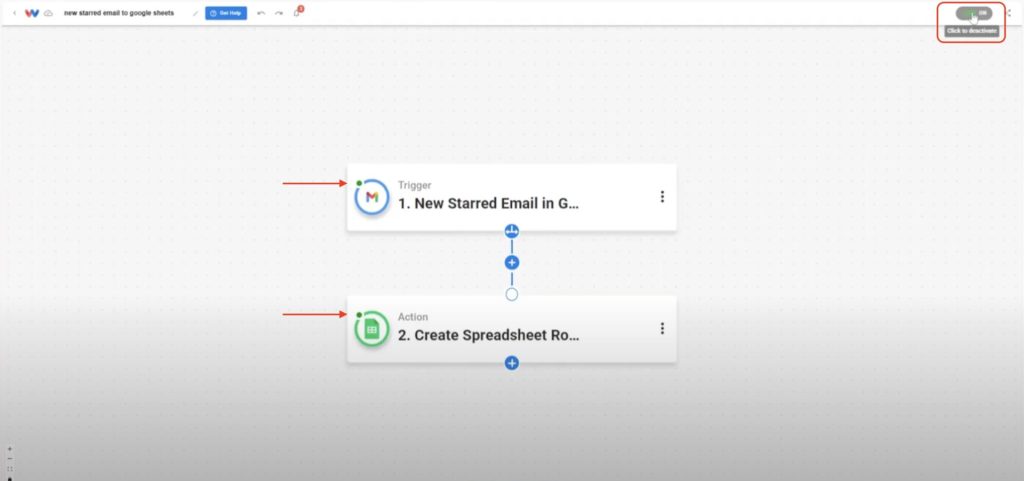 Switch the automation toggle to “On” to activate Gmail Messages to Google Sheets.