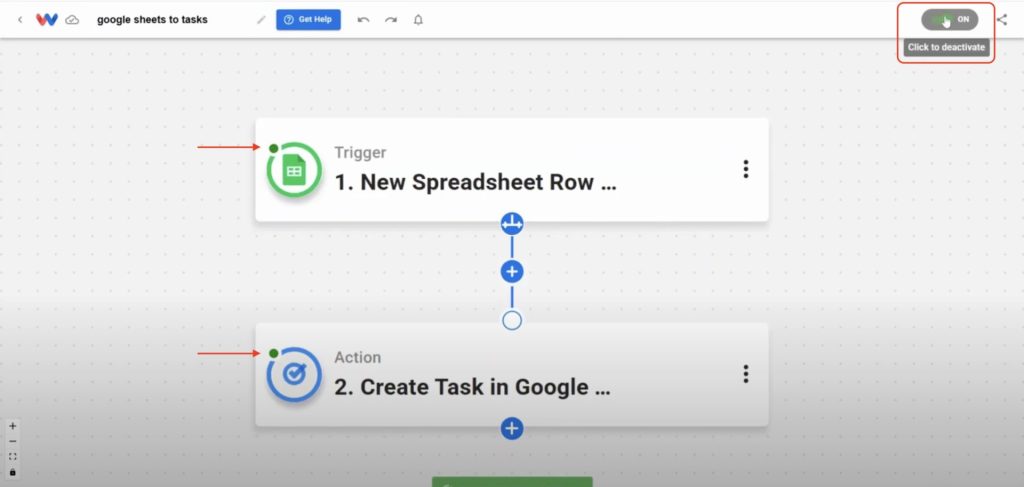 Activating the automation in Workload so every new spreadsheet row creates a Google Task automatically.