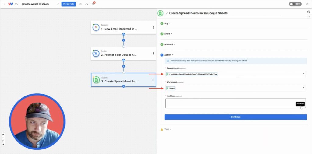 Choosing the target spreadsheet and worksheet in Google Sheets to store summarized Gmail email data.