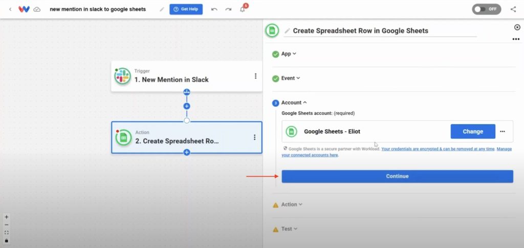 Connecting a Google Sheets account inside Workload to continue building the automation.