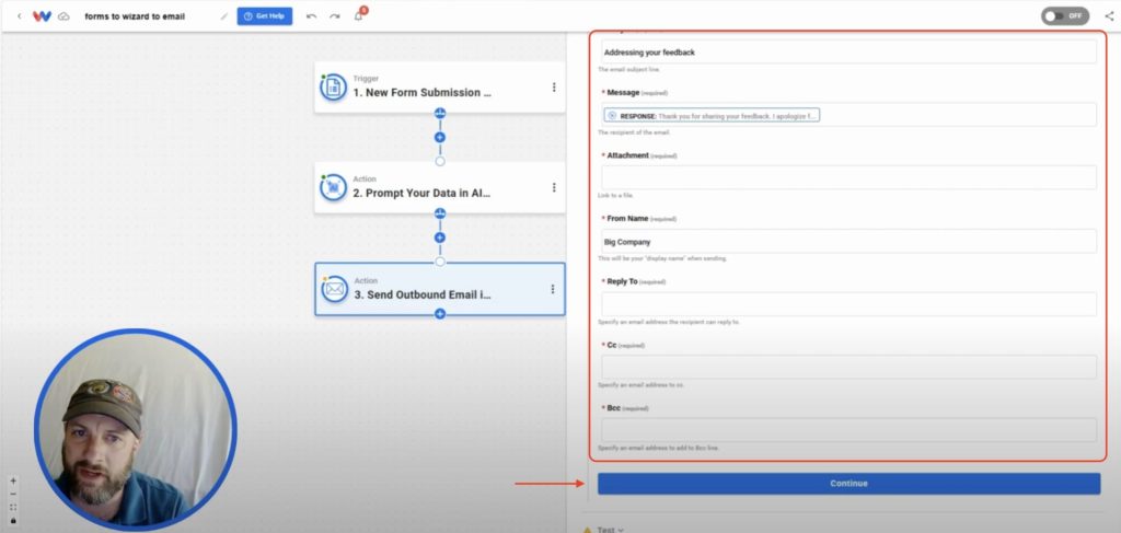 Mapping message content, subject, and reply-to fields in Workload’s Send Email step.