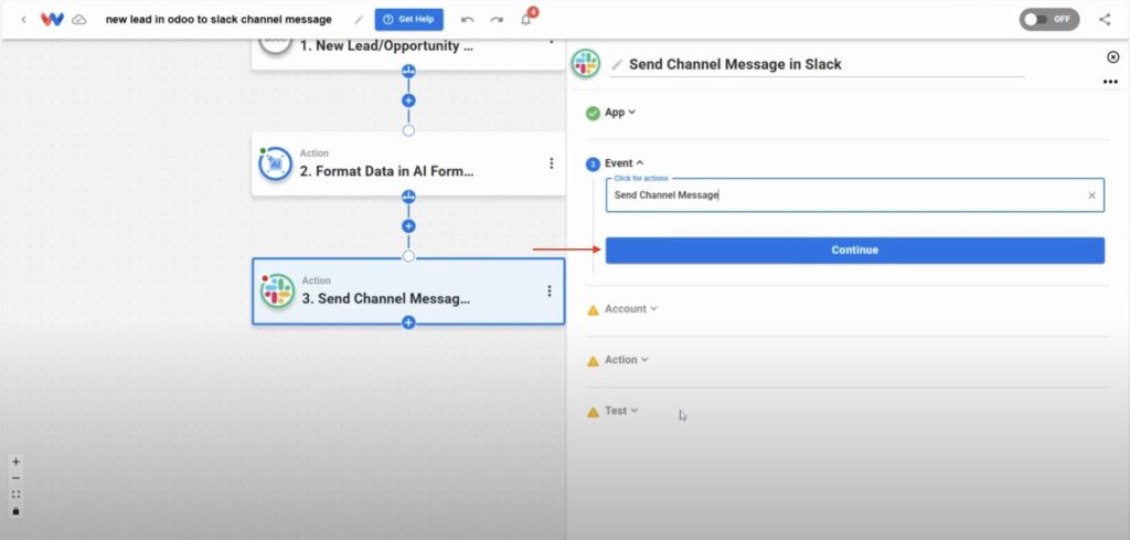 Slack action configured with Send Channel Message as the event.