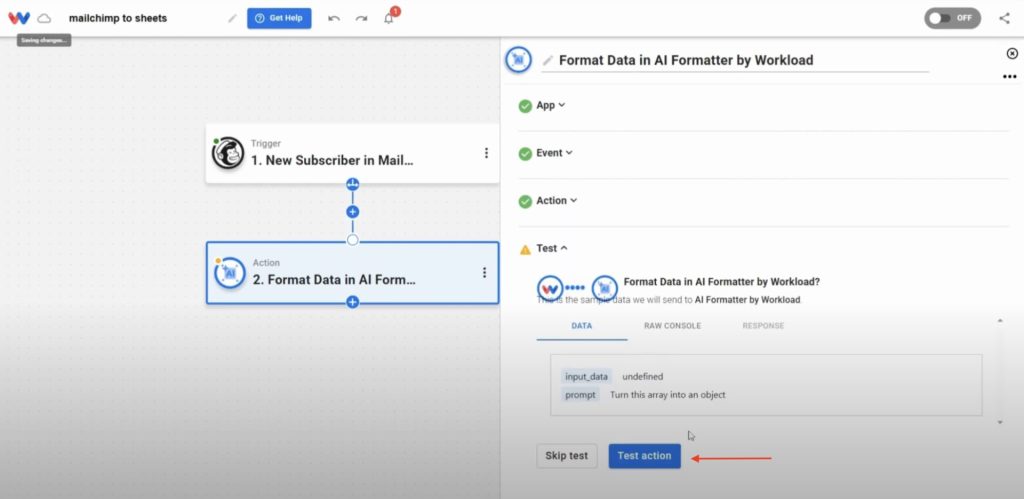 Run a test on the AI Formatter step to preview the cleaned-up data format.