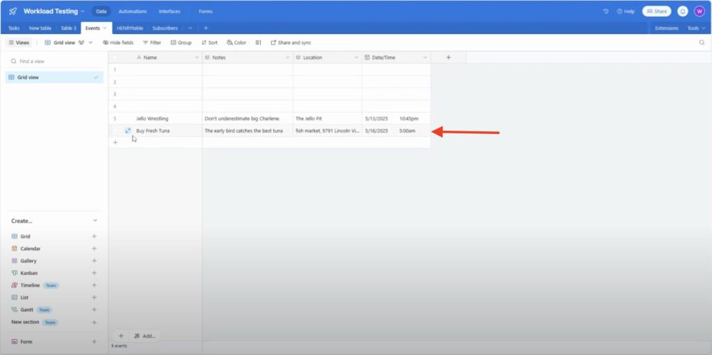 Airtable interface showing new record  from a calendar event