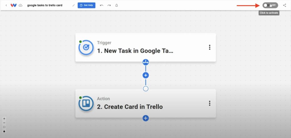 Activate the Create Trello Cards from Google Tasks automation in Workload.