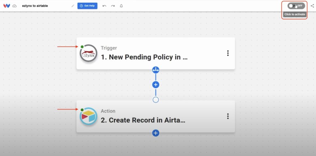 Turn on the workflow to automatically create Airtable Records from EZLynx whenever a new pending policy is added.