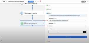 Selecting the target spreadsheet and worksheet to log Odoo Products in Google Sheets.
