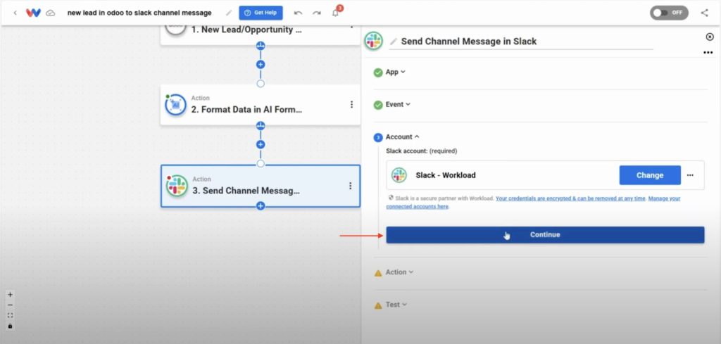 Slack account connected in Workload, showing selected workspace and Continue button.