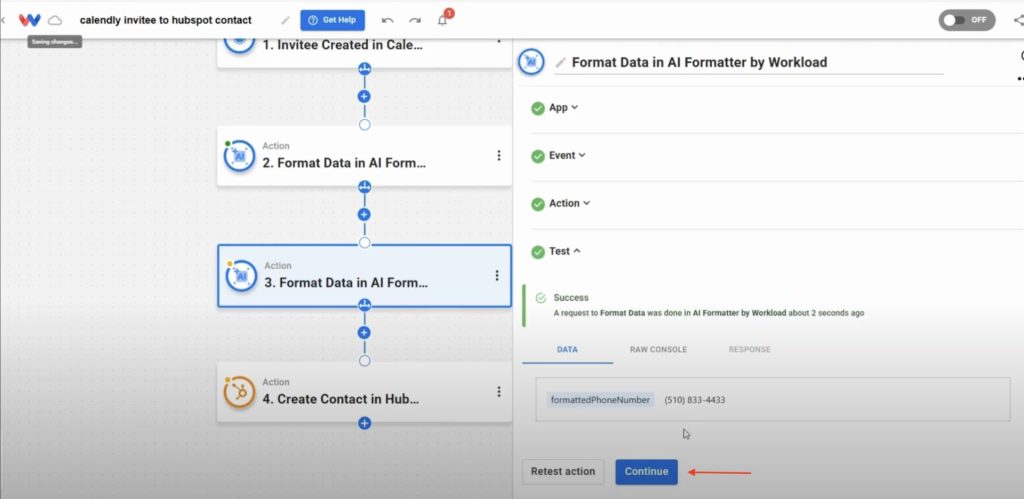 Confirm the phone formatting setup and move to the HubSpot action step.