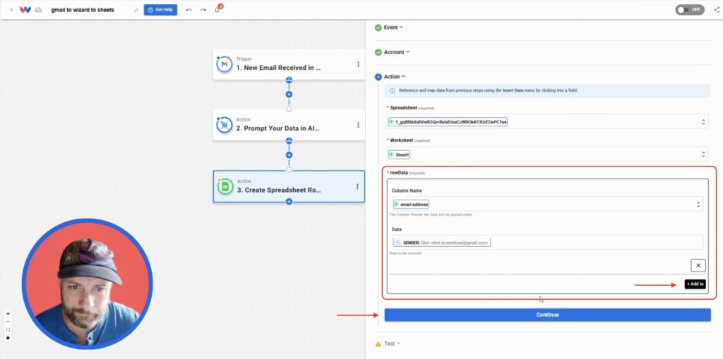 Mapping the email address field from Gmail to the Google Sheets column in the Summarize New Emails with AI automation.