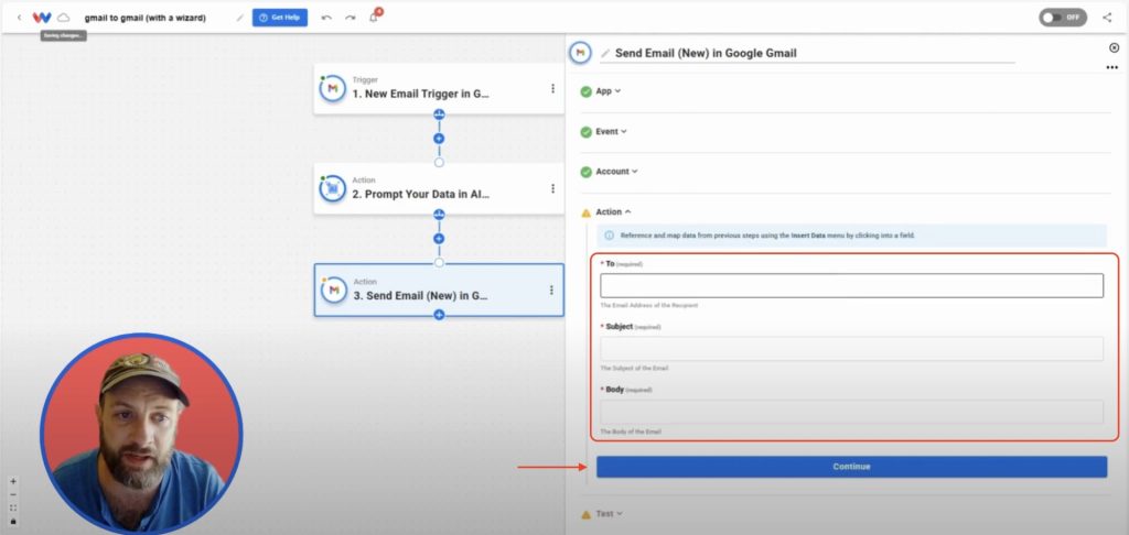 Mapping recipient, subject, and body fields for the outgoing Gmail reply step in Workload.