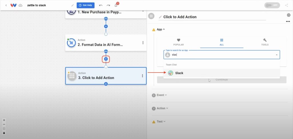 Add a Slack action to continue building your Zettle Sales to Slack workflow.
