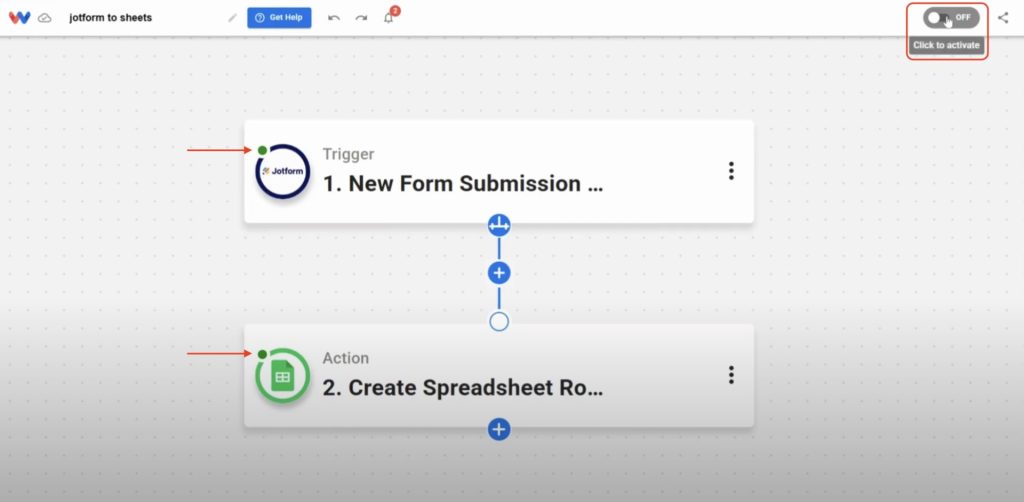 Turn on your automation to begin syncing new Jotform submissions to Google Sheets automatically