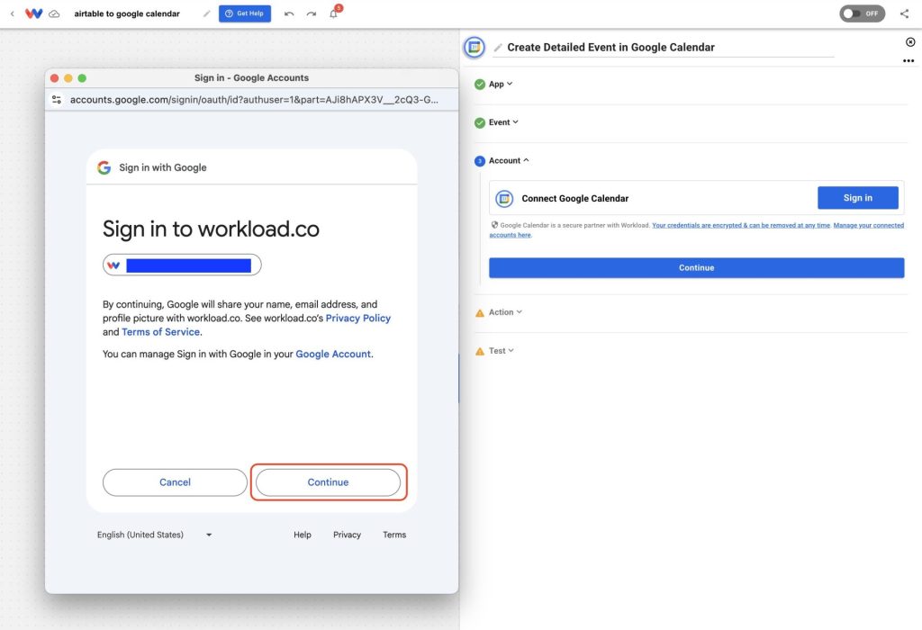 Confirm your Google account access to continue with automation