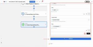 Mapping product name and available quantity fields from Odoo into Google Sheets columns.