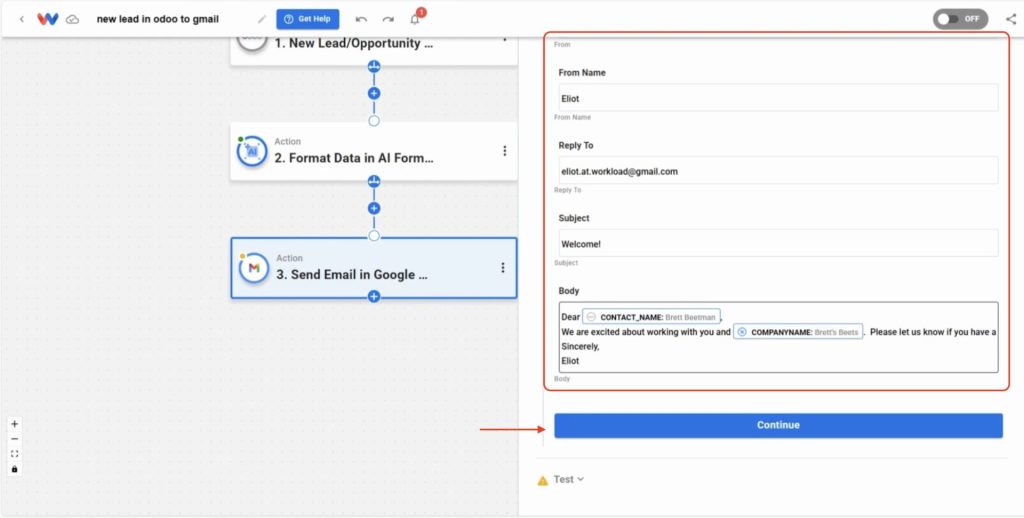 Mapping email fields including To, From, and Subject in Gmail action.