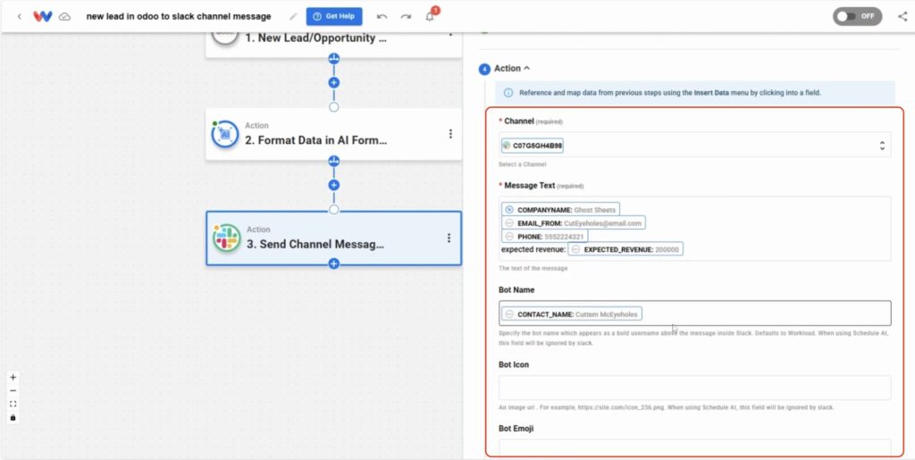 Slack action mapping fields—Channel, Message Text, and Bot Name—to Send Odoo Leads to Slack.