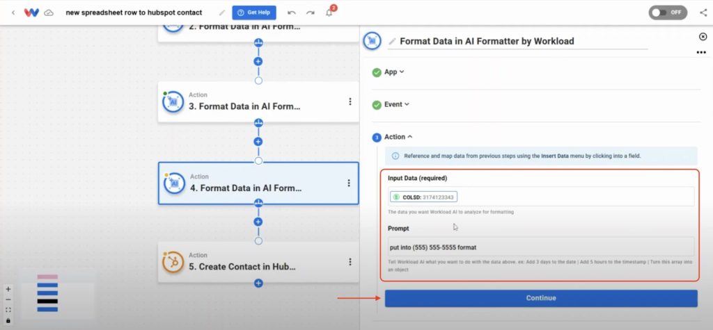 AI Formatter prompt example showing phone number reformatting inside the automation workflow.