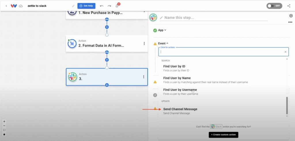 Choose “Send Channel Message” as the Slack action type.