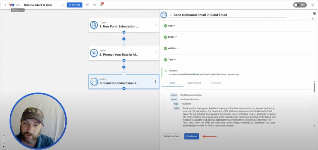 Confirmation screen in Workload showing a successful test of the Automatically Send AI-Powered Replies automation.
