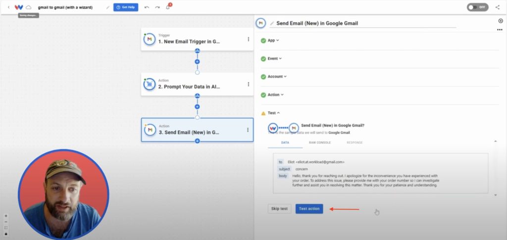 Testing the final Gmail automation that Automatically Replies to Gmail Messages using data from the trigger.