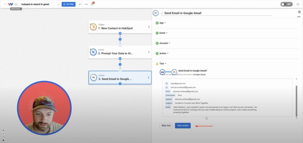 Testing the Gmail step to ensure the AI-generated message sends correctly.