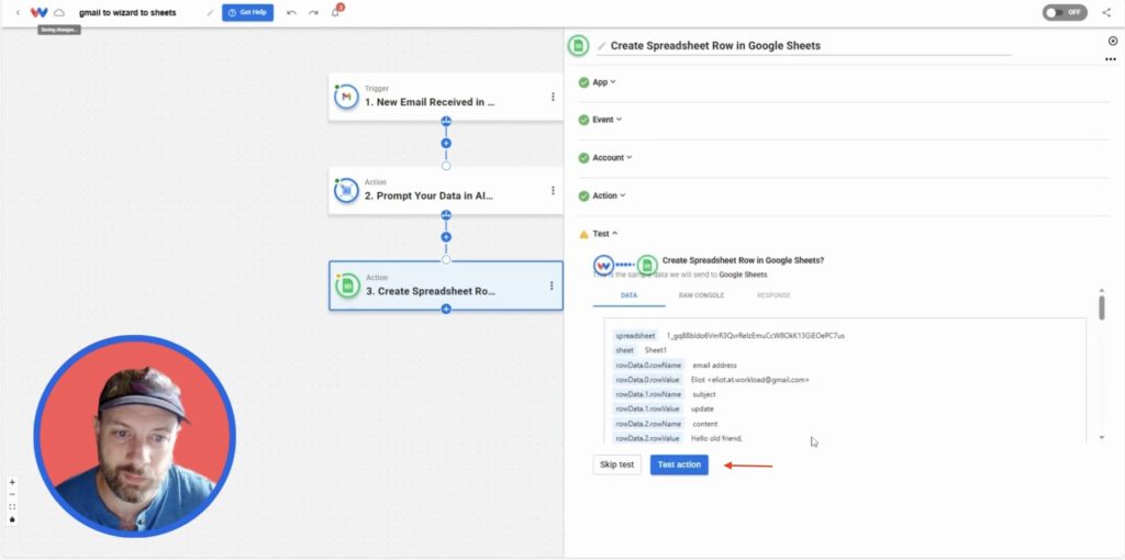 Clicking Test Action in Workload to verify that summarized Gmail data is sent correctly to Google Sheets.