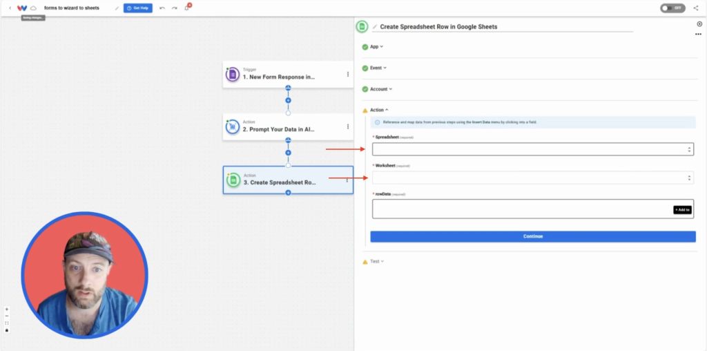 Selecting the target spreadsheet and worksheet in Google Sheets where new form responses will be added.