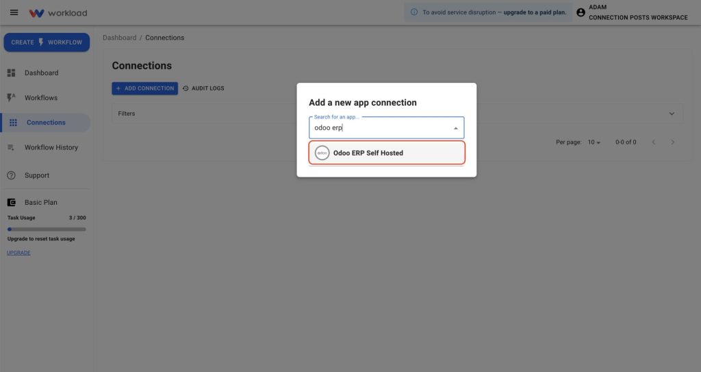 Search for Connect Odoo ERP Self-Hosted in the Workload connection search bar.