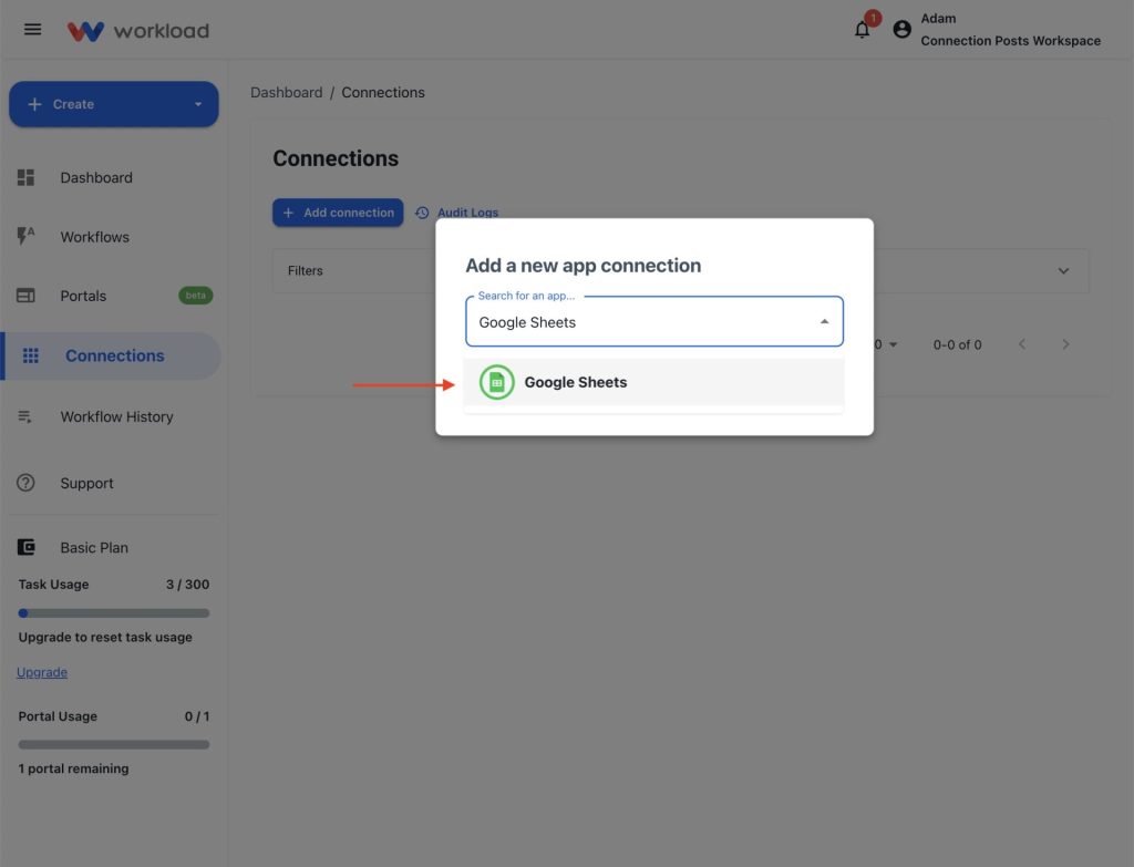 Search and select Google Sheets from the list of available apps in Workload.