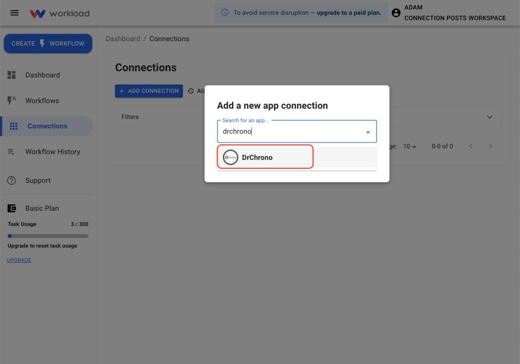 Search for DrChrono and select it to begin connecting the DrChrono to Workload