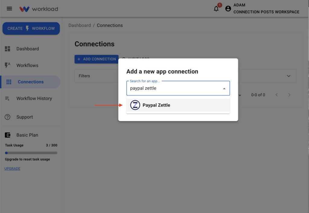 Search for “Zettle by PayPal” in the Add Connection modal and select it.