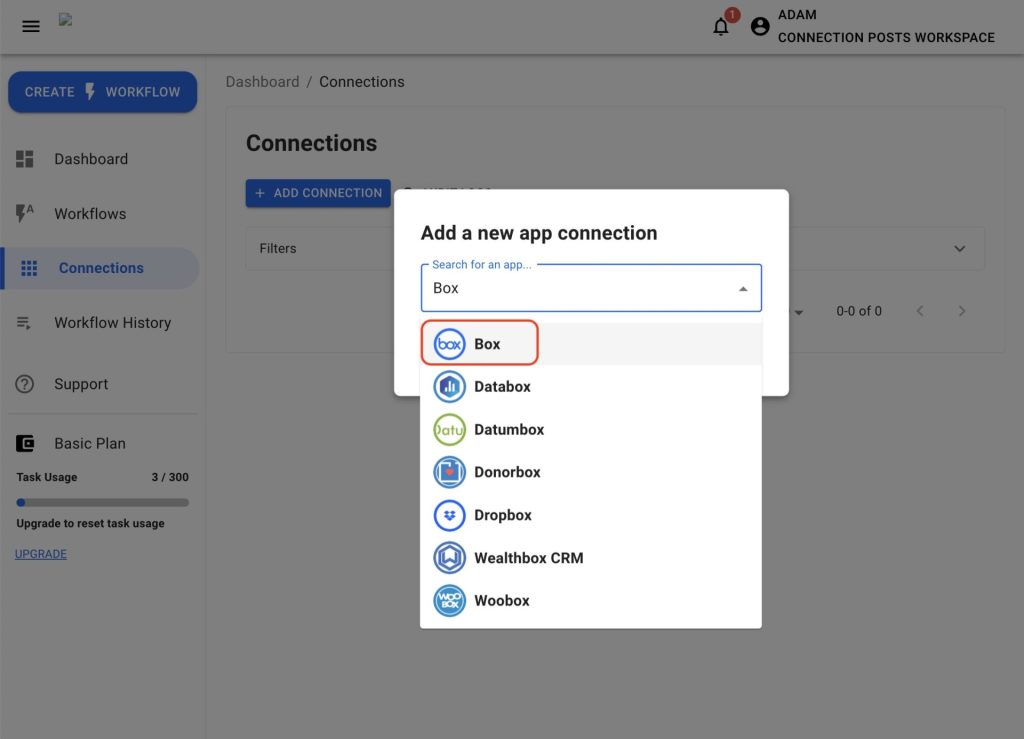 Search bar in Workload Connections menu showing Box selected from the list of available apps to Set Up a Box Connection.