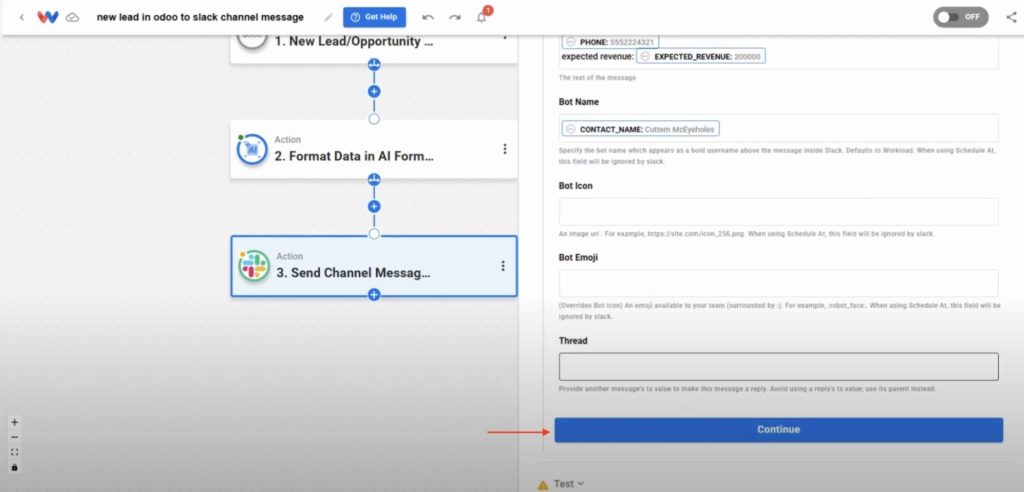 Slack action scrolled to the bottom with the Continue button highlighted after mapping fields.