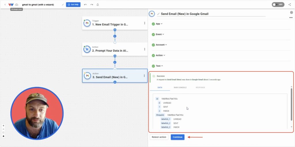 Confirming a successful Gmail automation test and continuing to activate the workflow in Workload.