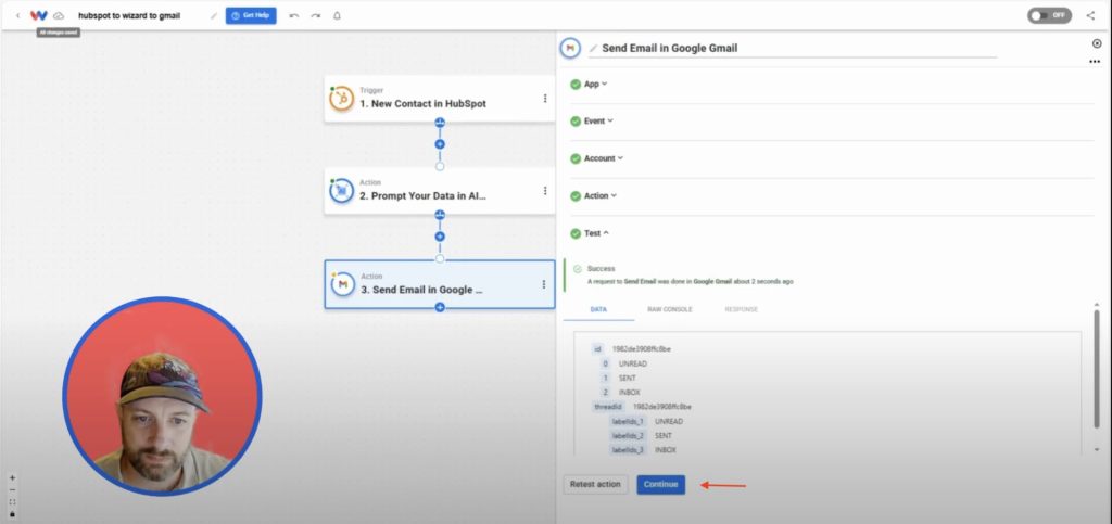 Confirming a successful Gmail test showing email sent and labeled correctly in the automation for Send Personalized HubSpot Emails.