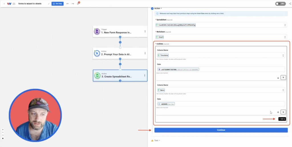 Mapping each field from AI Wizard’s formatted output into Google Sheets columns for an organized import of Google Form responses.