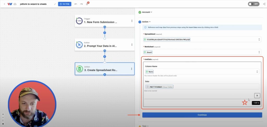 Mapping Jotform fields and AI Wizard outputs into Google Sheets columns.