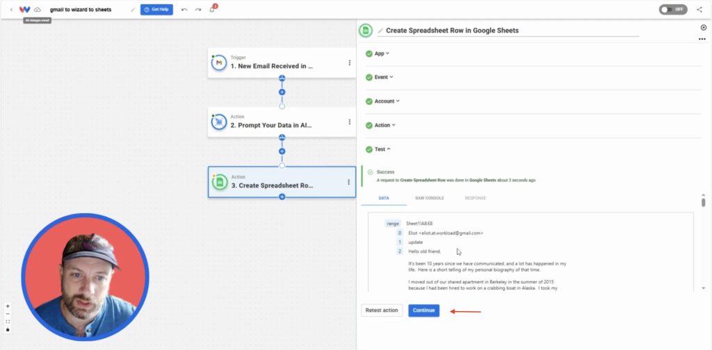 Successful test showing Gmail email details and summary added to Google Sheets using Workload automation.