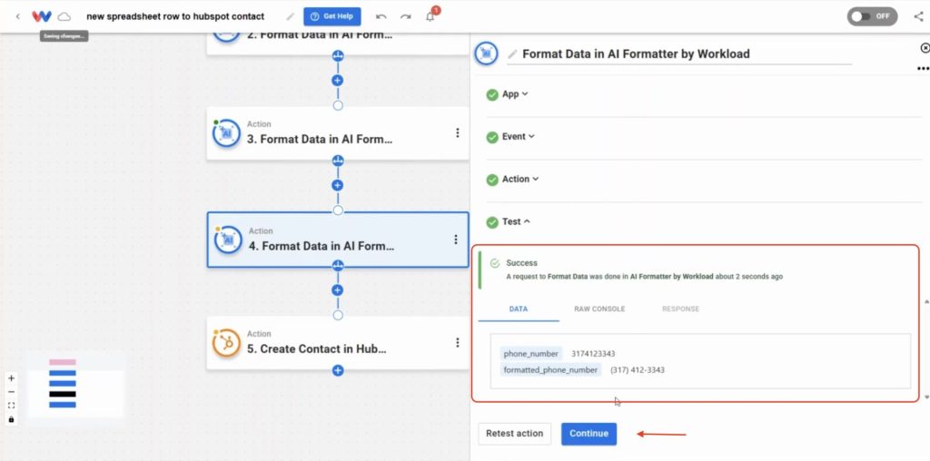 AI Formatter success message showing phone number output in the new spreadsheet row to HubSpot contact automation.
