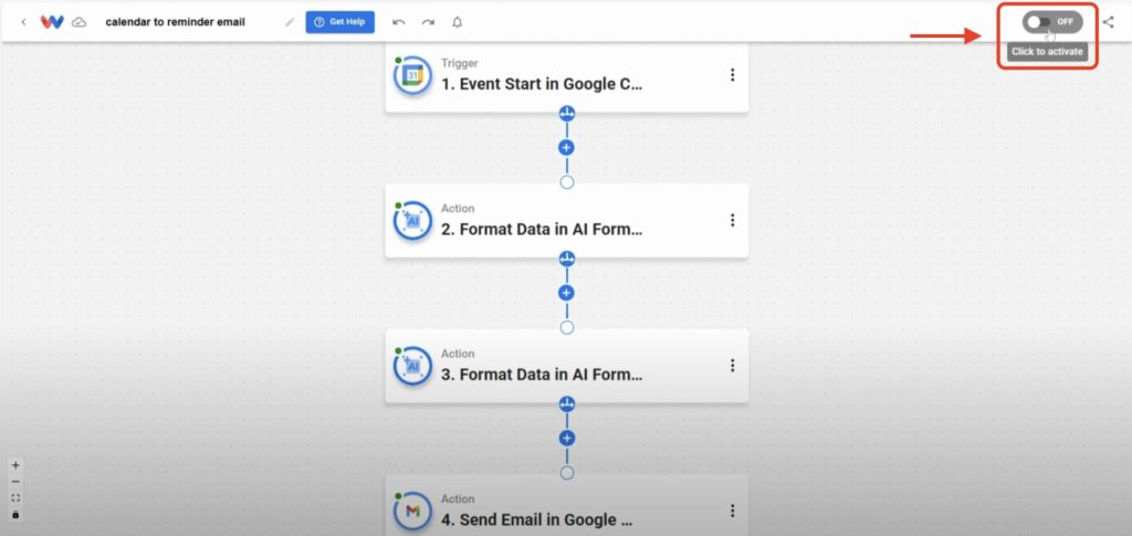 Editor view of Workload platform with red arrow pointing to On/Off toggle. Click the toggle to activate the new Gmail Reminder Before Calendar Event workflow.