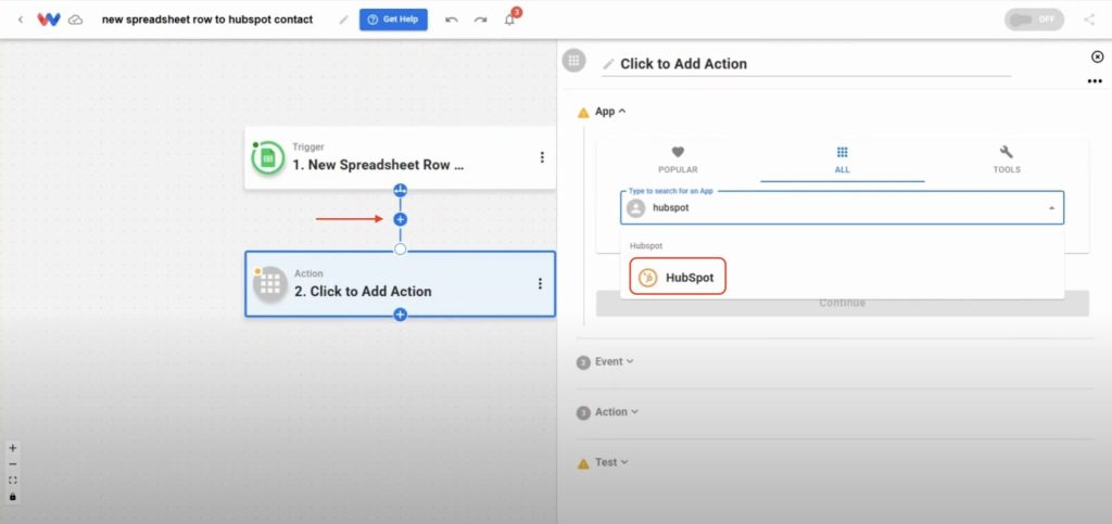 Adding a HubSpot action step to create a new contact in the new spreadsheet row to HubSpot contact automation.
