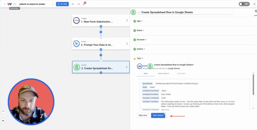 Testing the Google Sheets action to insert Jotform and AI Wizard results into a row.