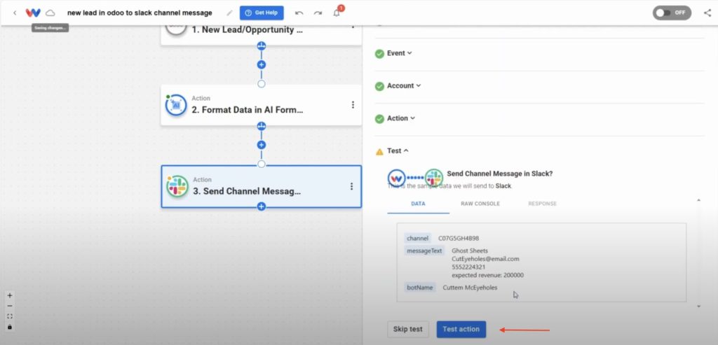 Slack action Test action preview showing channel, message text, and bot name for Send Odoo Leads to Slack.