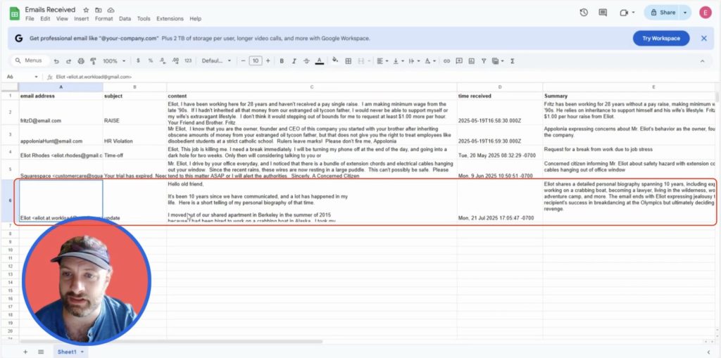 Viewing the Google Sheet to verify that summarized Gmail email data was added correctly by the automation.