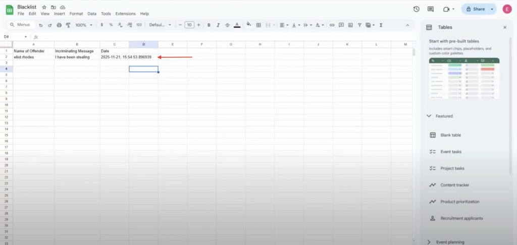 Track Slack Mentions in Google Sheets Automatically 💬 with test data showing the offender’s name, message, and timestamp logged in the spreadsheet.